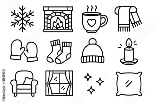 Winter Icon Set. Winter Warmth linear icon set. snowflake, fireplace, hot cocoa, scarf, mittens, wool socks, beanie, candle, chair, window, glow, cushion