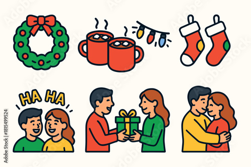 Holiday Icon Set. Holiday Family Moments flat icons set. wreath, cocoa mugs, glowing lights, stockings, laughter, gift exchange, festive meal, warm hugs