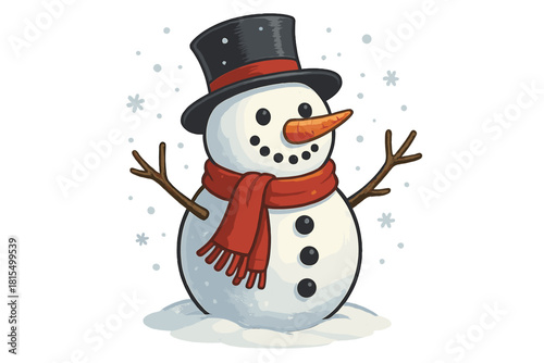 Cheerful Winter Snowman. Cheerful snowman with a carrot nose and coal eyes stands in a snowy landscape. Adorned with a red scarf and a top hat, the snowman exudes joy and