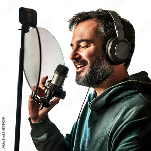 Passionate man recording podcast with professional microphone wearing headphones, capturing expressive and authentic storytelling vibes