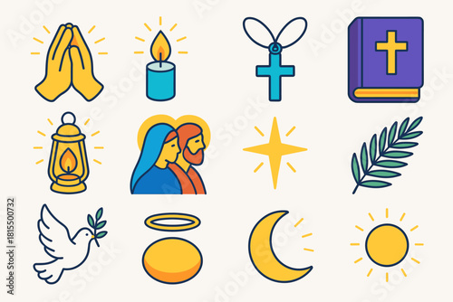 Isometric Holy Icons. Holy Reflection flat icons set. folded hands, candle flame, cross pendant, holy book, lantern, Mary and Joseph, shining star, palm branch, dove, halo, moon
