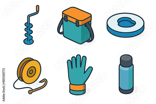 Winter Fishing Icons. Winter Fishing flat icons set. auger, bait box, frozen lake, fishing line, glove, thermos