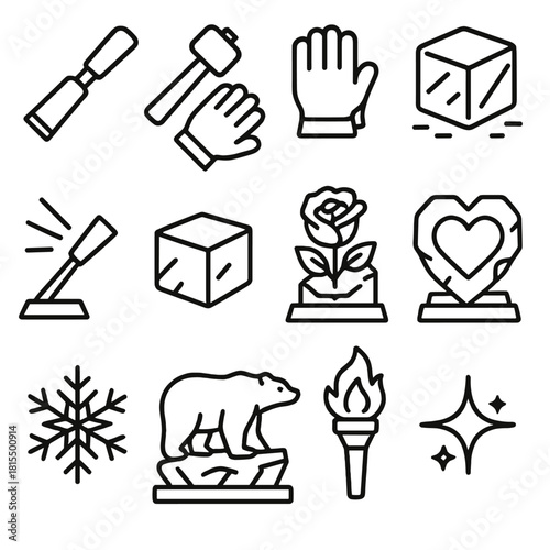 Ice Carving Icons. Art of ice carving linear icon set. chisel, hammer, gloves, ice cube, light ray, sculpture base, frozen flower, heart, snowflake, polar bear, torch, sparkle