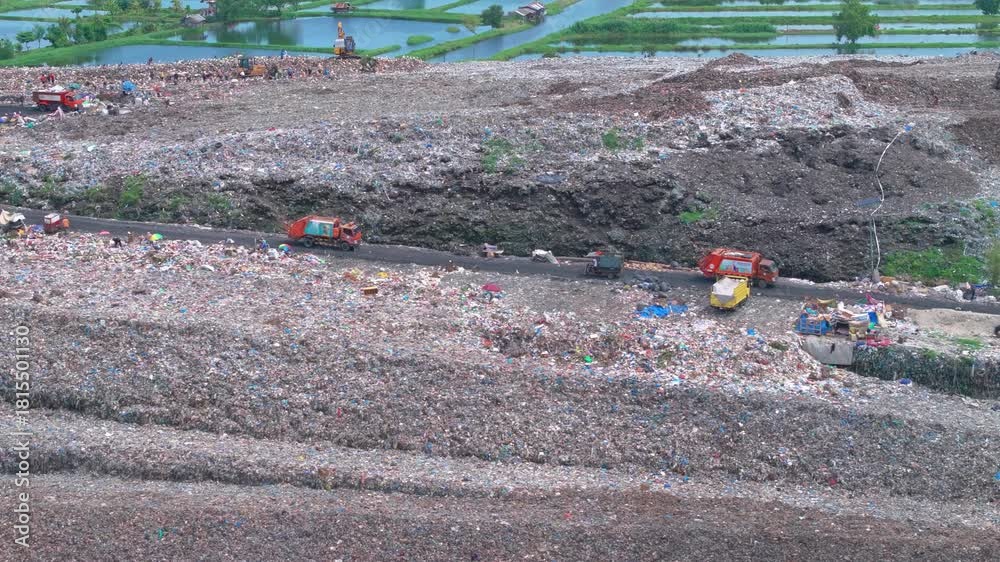 custom made wallpaper toronto digital Aerial footage of a landfill in Medan, showcasing heavy machinery managing and organizing waste efficiently