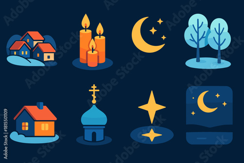 Orthodox New Year Icons. Orthodox New Year Peaceful Evening flat icons set. quiet village, lit candles, soft moonlight, frosty trees, warm house glow, church dome, star reflection
