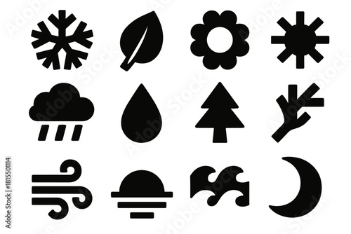 Seasonal Change Icons. Seasonal Change silhouette icon set. snowflake, leaf, flower, sun, rain cloud, droplet, tree, branch, wind, horizon, wave, moon. , .