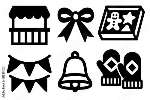 Festive Market Icons. Festive Maker Market silhouette icon set. stall sign, ribbon, cookie box, garland, bell, cozy mittens