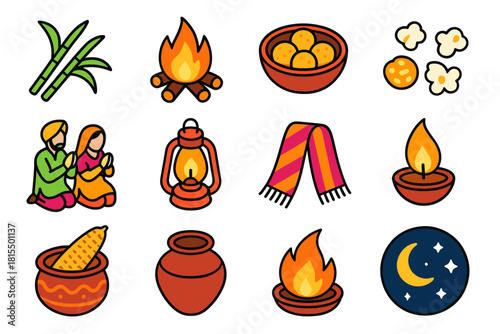 Lohri Festival Icons. Lohri Sugarcane Offering flat icons set. sugarcane stalks, blazing bonfire, earthen bowl of sweets, popcorn kernels, sesame treats, villagers praying, glowing