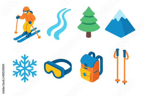 Winter Adventure Icons. Winter Adventure flat icons set. skier, snow trail, pine tree, mountain peak, ski poles, snowflake, goggles, backpack