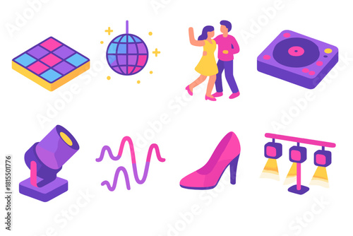 Isometric Dance Icons. Festive Dance Night flat icons set. dance floor, disco ball, couple dancing, DJ turntable, spotlight, rhythm waves, high heels, stage lights