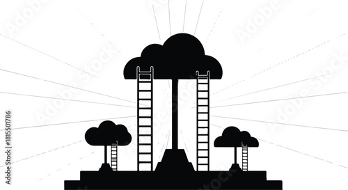Silhouette of ladders reaching towards clouds, symbolizing aspiration and achievement.
