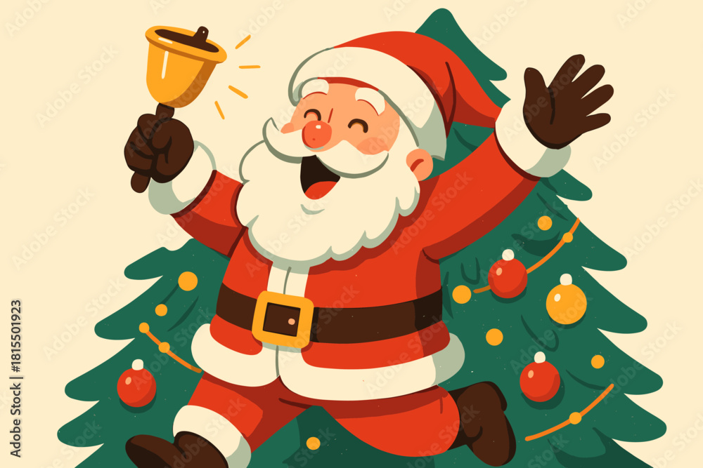 Obraz premium Joyful Santa Celebration. Santa Claus enthusiastically holds a bell, surrounded by a festive Christmas tree adorned with baubles and lights. The joyful pose and the vibrant colors