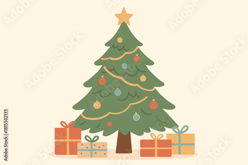 Festive Christmas Tree. Decorated Christmas tree stands tall, adorned with colorful ornaments and a shining star on top. The tree is the focal point, surrounded by neatly wrapped