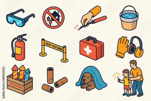Fireworks Safety Icons. Outdoor Fireworks Safety flat icons set. protective goggles, "no fireworks near houses" sign, hand lighting fuse with long lighter, bucket of water and sand