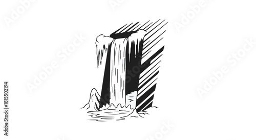 Frozen waterfall with icicles and flowing water below