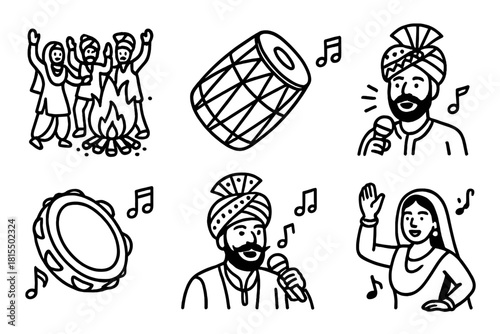 Lohri Celebration Icons. Lohri Night Songs linear icon set. villagers around fire, dholak, tambourine, folk singer, decorated turban, glowing lantern, musical rhythm, joyful