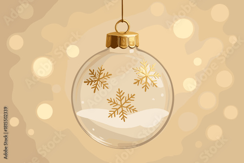 Golden Christmas Ornament. Delicate glass Christmas ornament hangs gracefully, adorned with a golden cap and shimmering gold snowflakes. The ornament is partially filled with soft