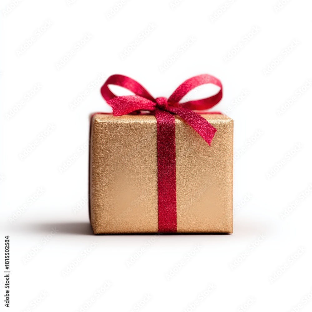Fototapeta premium A shiny golden gift box tied with a red ribbon, symbolizing celebration and special occasions.