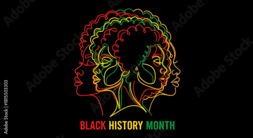 Stylized line art illustration featuring multiple profiles of black women with afro hair in panafrican colors celebrating black history month