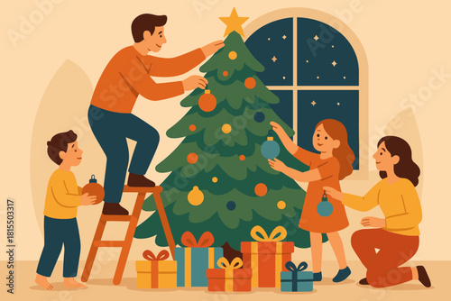 Family Christmas Decorating. Family joyfully decorates a Christmas tree by a large, arched window. Children hang colorful ornaments while a parent helps from a small ladder.