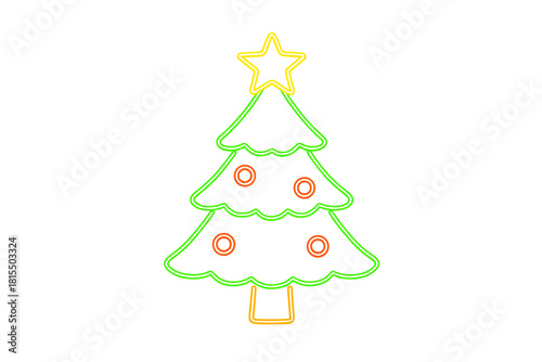 Wallpaper Mural Neon Christmas Tree. Green Christmas tree with red ornaments and a yellow star on top, glowing in neon light. The tree stands as a symbol of Christmas cheer, with its bright colors Torontodigital.ca