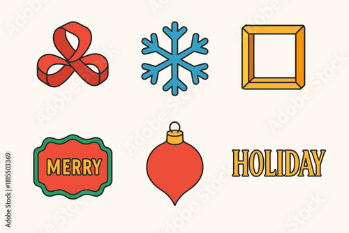 Vibrant Holiday Icons. Holiday Branding flat icons set. ribbon logo, snowflake icon, golden frame, festive label, ornament shape, elegant font