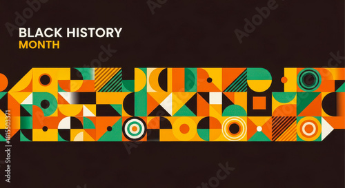 Abstract geometric banner design celebrating black history month with vibrant colors like orange, green, and yellow on a dark background