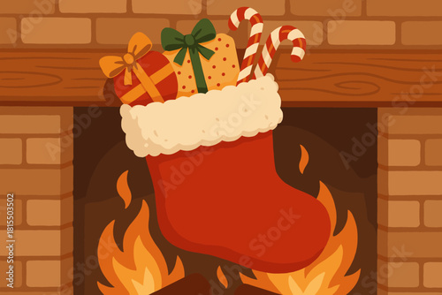 Festive Stocking Surprises. Christmas stocking filled with small gifts and candy canes, hanging by a fireplace. The stocking is made of plush red fabric with a white fuzzy trim,