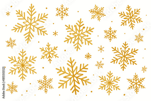 Golden Snowflake Serenity. The scene is adorned with a flurry of golden snowflakes, each flake a testament to craftsmanship and artistry. They appear to float gracefully, filling