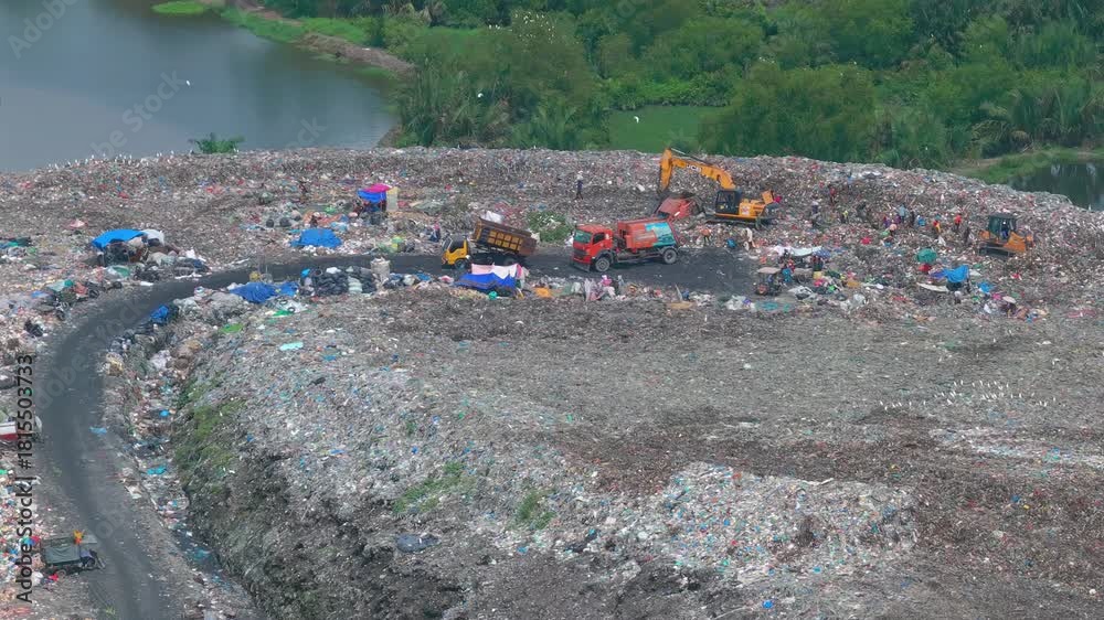 custom made wallpaper toronto digital Aerial footage of a landfill in Medan, showcasing heavy machinery managing and organizing waste efficiently