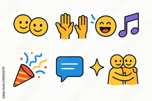 Joyful Connection Icons. Happy Companionship flat icons set. cheerful faces, raised hands, laughter lines, music note, confetti, chat bubble, sparkle, hug