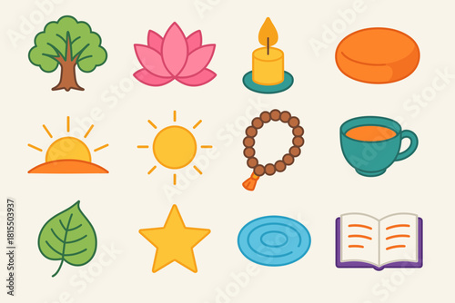 Bodhi Day Icons. Bodhi Day Spiritual Awakening flat icons set. Bodhi tree, lotus flower, candle flame, meditation cushion, sunrise, glowing light, prayer beads, tea cup, Bodhi leaf