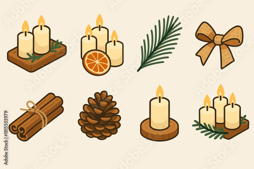 Rustic Candlelight Icons. Rustic Christmas Candlelight flat icons set. wooden tray, candles, dried oranges, pine needles, burlap ribbon, cinnamon sticks, pinecones, soft glow