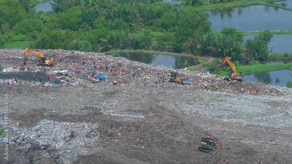 custom made wallpaper toronto digital Aerial footage of a landfill in Medan, showcasing heavy machinery managing and organizing waste efficiently
