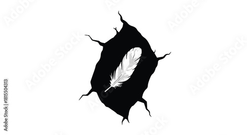 Delicate feather emerges from a dark, torn opening, symbolizing hope and new beginnings.