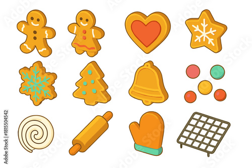 Gingerbread Delight Icons. Gingerbread Cookie Collection flat icons set. gingerbread man, gingerbread woman, heart cookie, star cookie, snowflake cookie, tree cookie, bell cookie