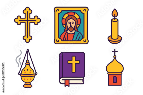 Orthodox Icon Set. Orthodox New Year Icon & Cross flat icons set. ornate cross, framed icon, candle, incense burner, bible, church dome