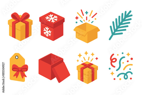 Festive Surprise Icons. Holiday Surprise Boxes flat icons set. red ribbon box, snowflake decor, glitter burst, pine sprig, tag with bow, opened lid, sparkling gift, festive