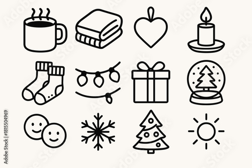 Cozy Holiday Icons. Holiday Comfort & Joy linear icon set. mug of cocoa, blanket, heart ornament, soft candle, cozy socks, garland, wrapped gift, snow globe, tree lights, smiling