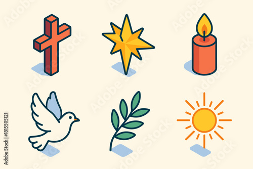 Vibrant Holy Icons. Holy Icons flat icons set. cross, star of Bethlehem, candle flame, dove, olive branch, radiant light