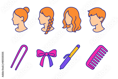 Chic Hairstyle Icons. Chic Hairstyles flat icons set. sleek bun, side braid, loose waves, pixie cut, hairpin, ribbon tie, curling iron, comb