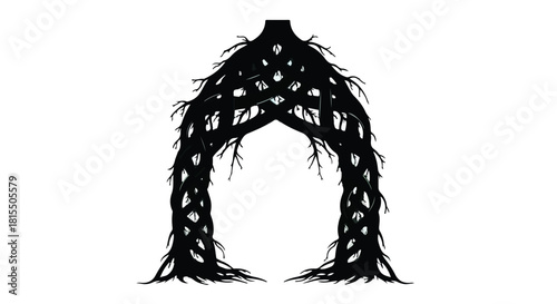 Intricate tree root archway forming an abstract shape against a white background