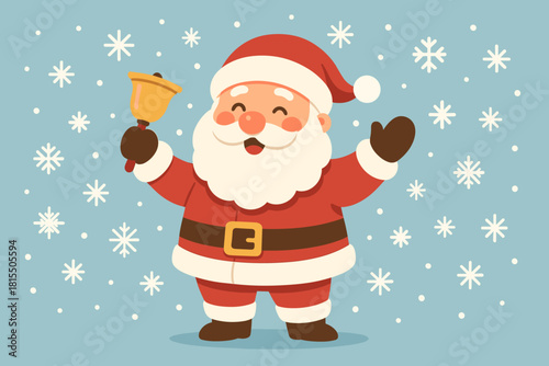 Joyful Santa in Snow. Santa Claus stands joyfully in the center, holding a bell, surrounded by snowflakes. His red suit and rosy cheeks create a warm focal point in the snowy scene
