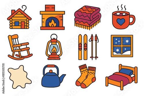Cozy Mountain Essentials. Mountain Lodge Life flat icons set. log cabin, fireplace, wool blanket, hot cocoa mug, rocking chair, lantern, wooden skis, snowy window, fur rug, tea