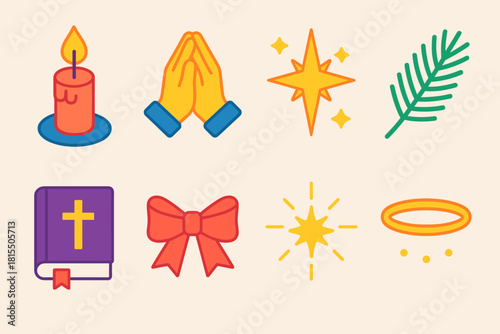 Silent Night Icons. Silent Night Devotion flat icons set. candlelight, folded hands, shining star, pine branch, prayer book, ribbon, glow, halo