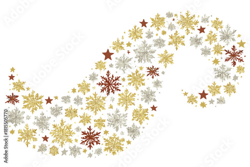 Festive Snowflake Swirl. Swirling pattern of snowflakes and stars creates a festive atmosphere. Red, gold, and silver stars intermingle with intricate snowflakes, forming a dynamic