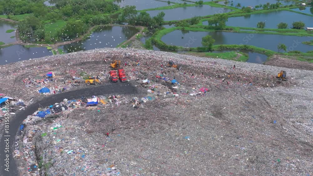 custom made wallpaper toronto digital Aerial footage of a landfill in Medan, showcasing heavy machinery managing and organizing waste efficiently