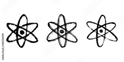 Set of hand drawn atom sign Molecule clipart in doodle style Symbol of science, education, nuclear energy, scientific research, molecular chemistry Single element for print, web, design