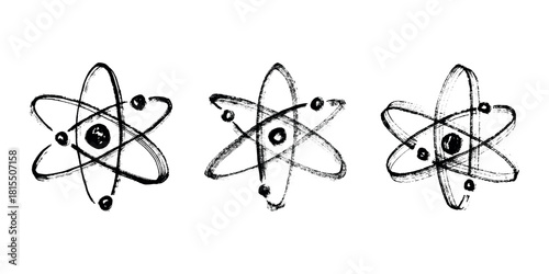 Set of hand drawn atom sign Molecule clipart in doodle style Symbol of science, education, nuclear energy, scientific research, molecular chemistry Single element for print, web, design