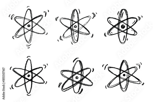 Set of hand drawn atom sign Molecule clipart in doodle style Symbol of science, education, nuclear energy, scientific research, molecular chemistry Single element for print, web, design